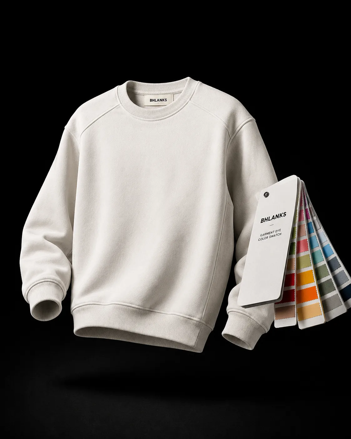 Sample sweatshirt with lab dip swatch cards