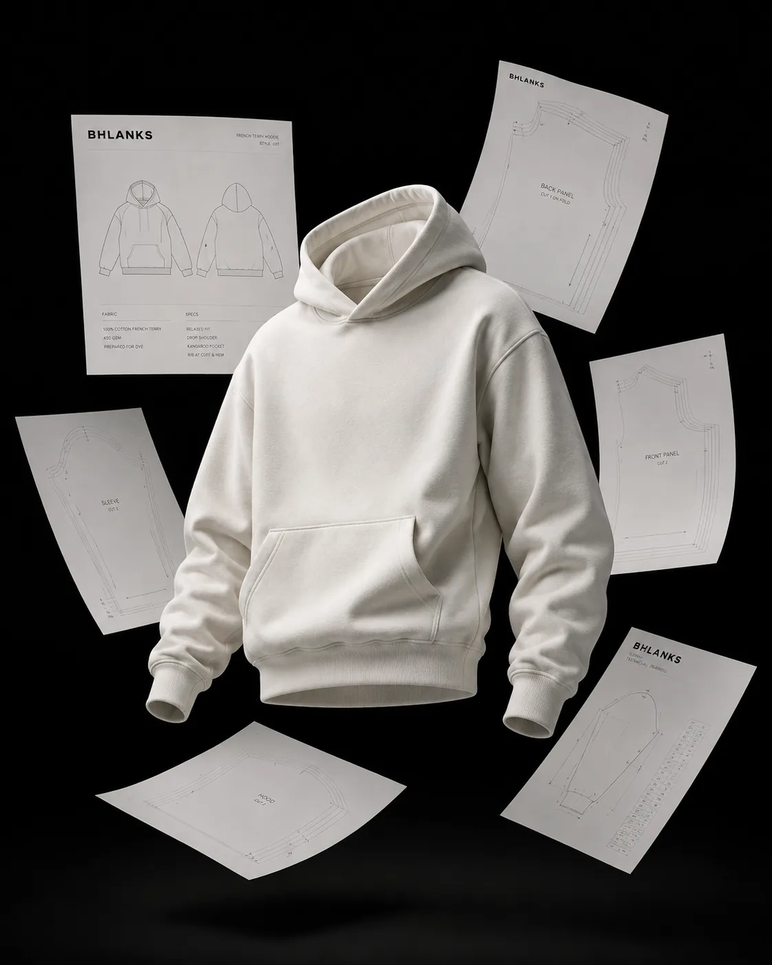 Floating tech pack sheets and pattern pieces